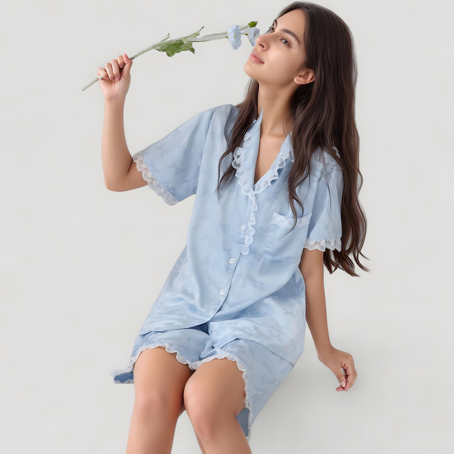 Short Sleeve Satin Pajama Set with Button Down Top Elastic Waist Shorts and Lace Trim Detail