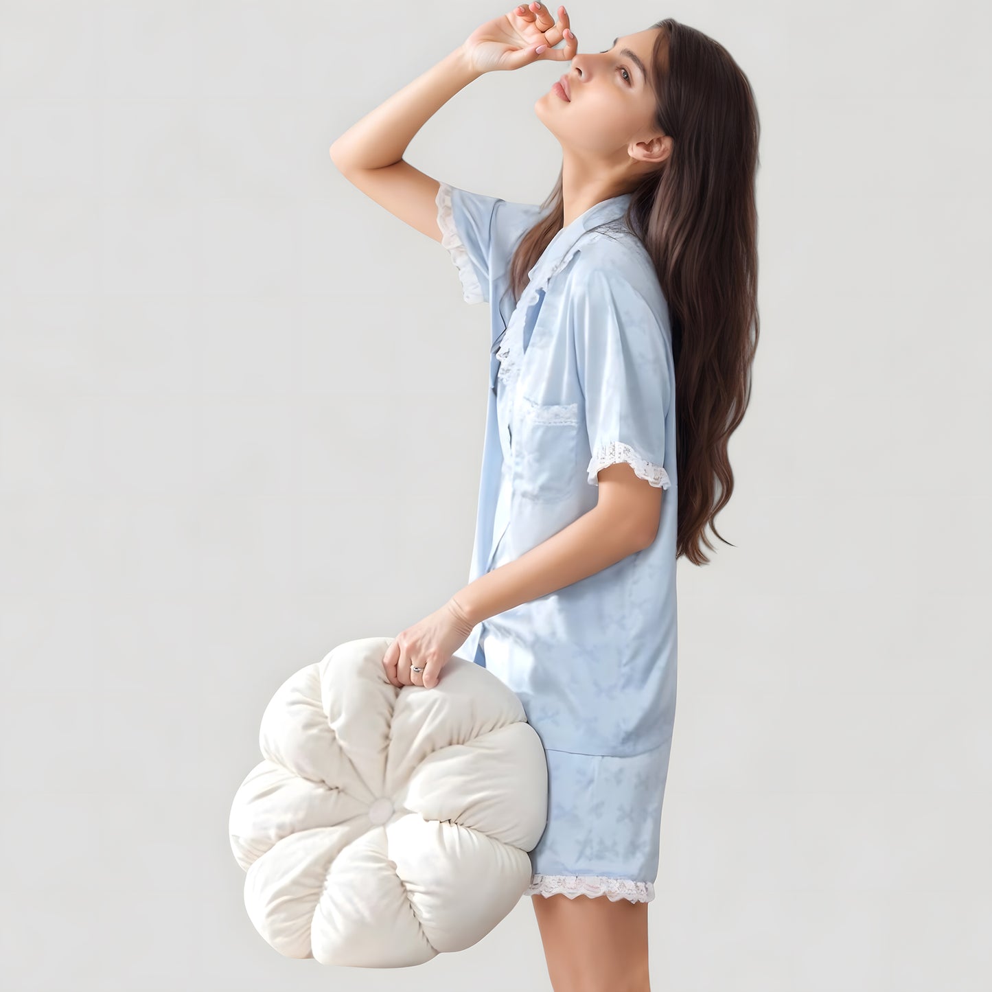 Short Sleeve Satin Pajama Set with Button Down Top Elastic Waist Shorts and Lace Trim Detail