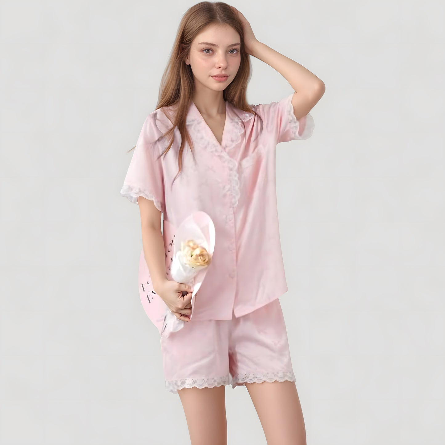 Short Sleeve Satin Pajama Set with Button Down Top Elastic Waist Shorts and Lace Trim Detail