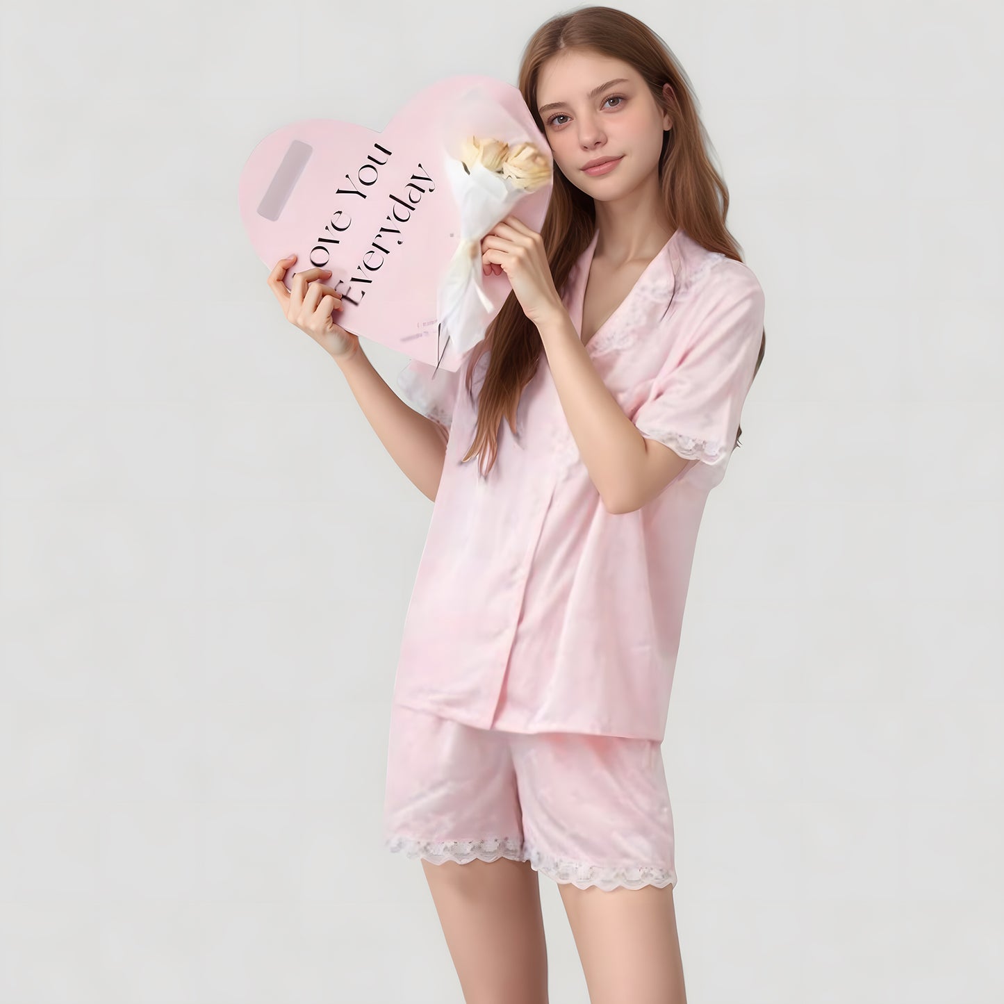 Short Sleeve Satin Pajama Set with Button Down Top Elastic Waist Shorts and Lace Trim Detail