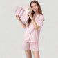 Short Sleeve Satin Pajama Set with Button Down Top Elastic Waist Shorts and Lace Trim Detail