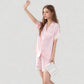 Short Sleeve Satin Pajama Set with Button Down Top Elastic Waist Shorts and Lace Trim Detail
