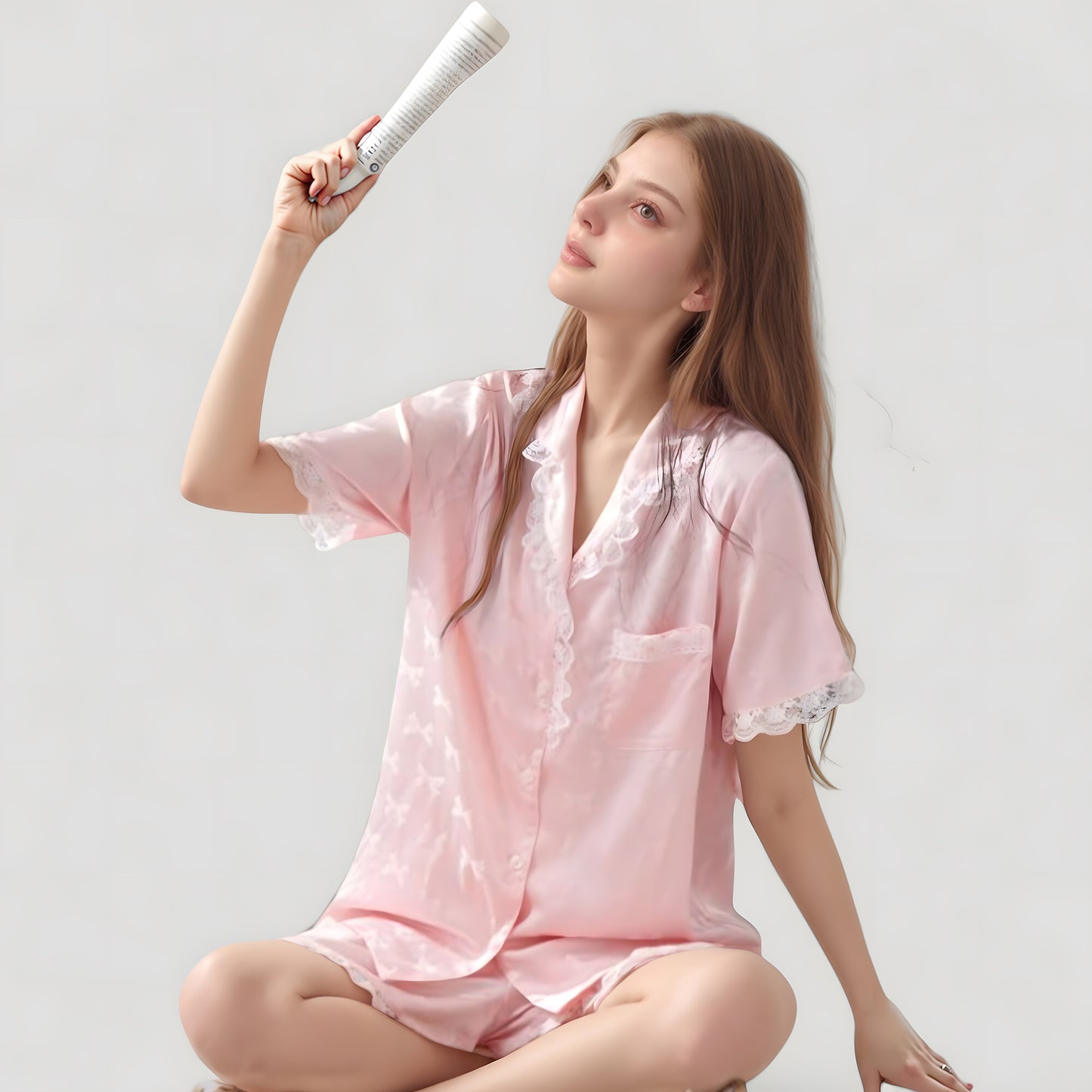 Short Sleeve Satin Pajama Set with Button Down Top Elastic Waist Shorts and Lace Trim Detail