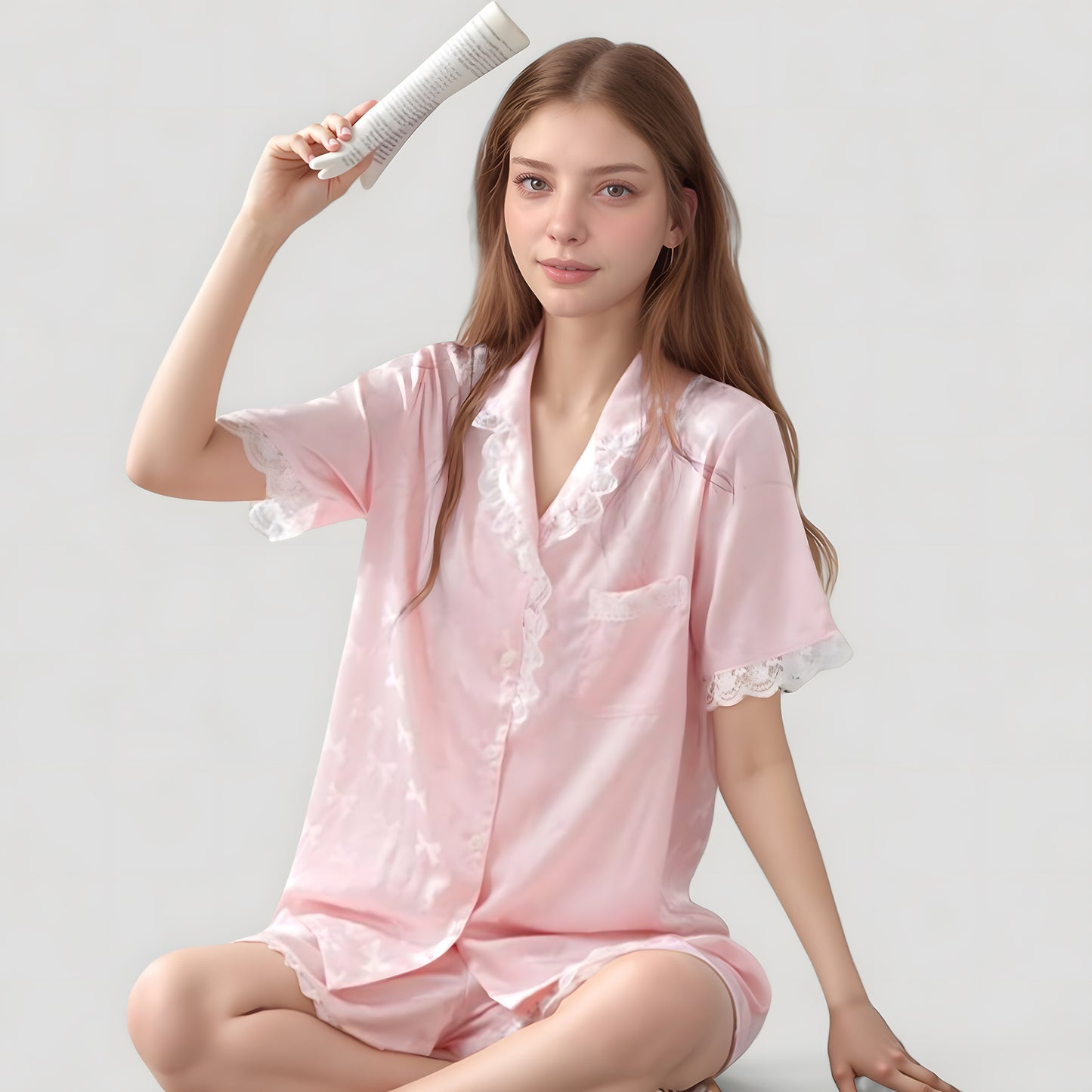 Short Sleeve Satin Pajama Set with Button Down Top Elastic Waist Shorts and Lace Trim Detail