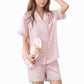 Short Sleeve Satin Pajama Set with Button Down Top Elastic Waist Shorts and Lace Trim Detail