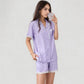 Short Sleeve Satin Pajama Set with Button Down Top Elastic Waist Shorts and Lace Trim Detail