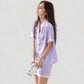Short Sleeve Satin Pajama Set with Button Down Top Elastic Waist Shorts and Lace Trim Detail