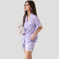 Short Sleeve Satin Pajama Set with Button Down Top Elastic Waist Shorts and Lace Trim Detail