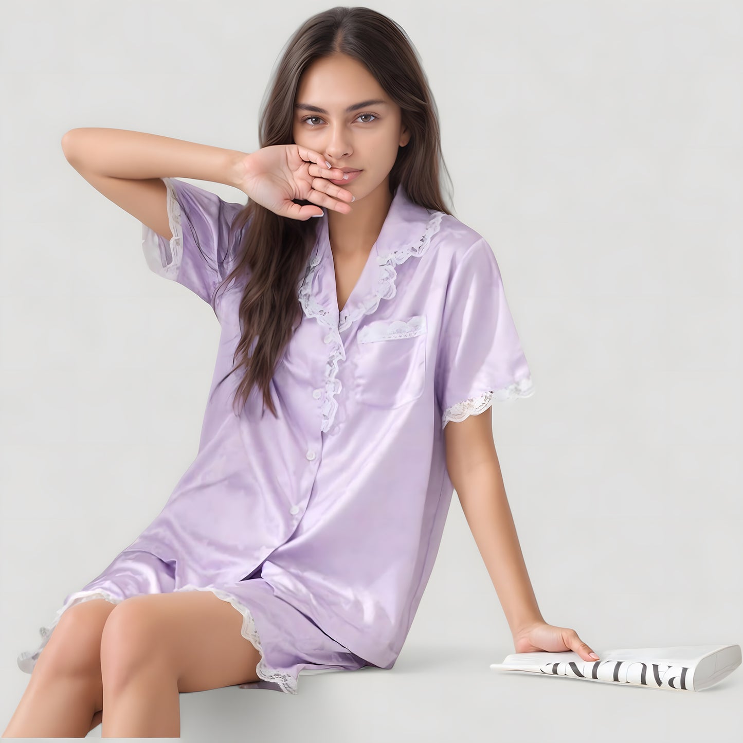 Short Sleeve Satin Pajama Set with Button Down Top Elastic Waist Shorts and Lace Trim Detail