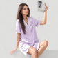 Short Sleeve Satin Pajama Set with Button Down Top Elastic Waist Shorts and Lace Trim Detail