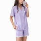 Short Sleeve Satin Pajama Set with Button Down Top Elastic Waist Shorts and Lace Trim Detail