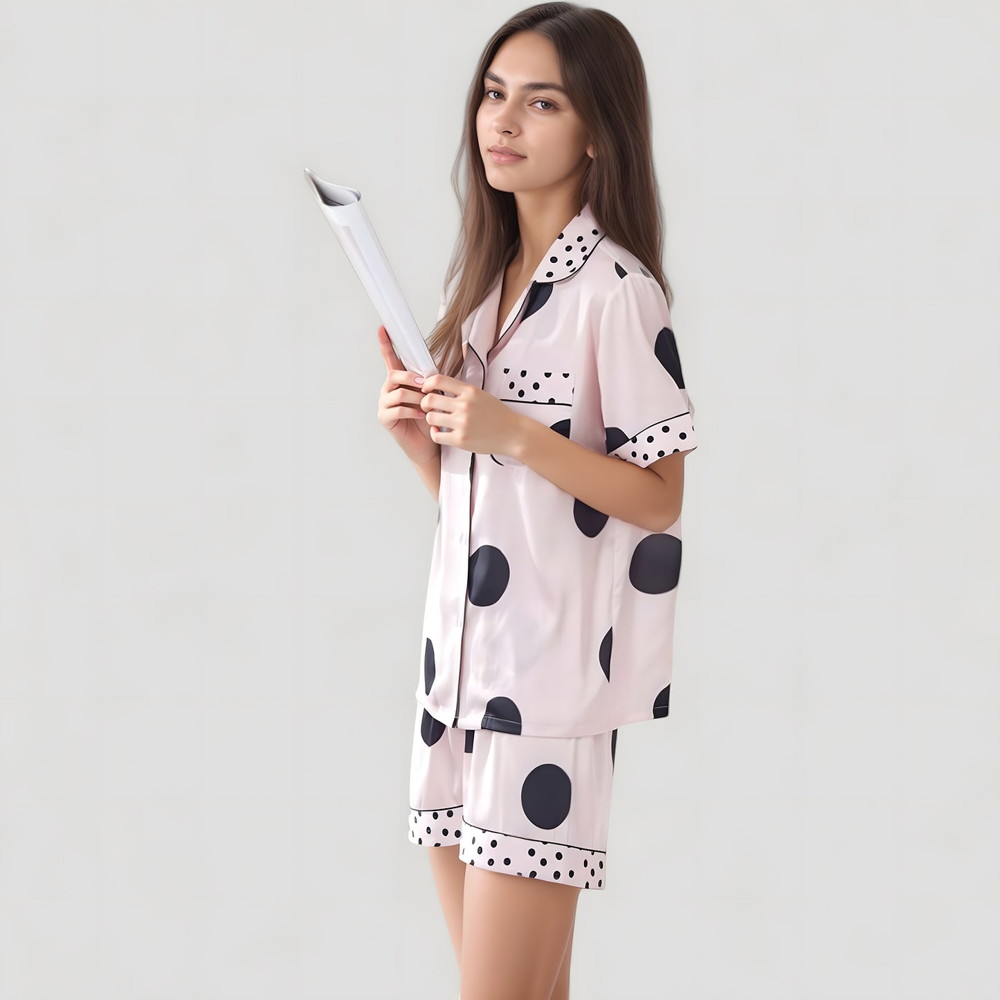 Satin Polka Dot Short Sleeve Pajama Set with Button Down Top and Contrast Trim Details