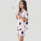 Satin Polka Dot Short Sleeve Pajama Set with Button Down Top and Contrast Trim Details