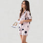 Satin Polka Dot Short Sleeve Pajama Set with Button Down Top and Contrast Trim Details