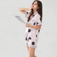 Satin Polka Dot Short Sleeve Pajama Set with Button Down Top and Contrast Trim Details