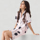 Satin Polka Dot Short Sleeve Pajama Set with Button Down Top and Contrast Trim Details