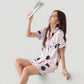 Satin Polka Dot Short Sleeve Pajama Set with Button Down Top and Contrast Trim Details