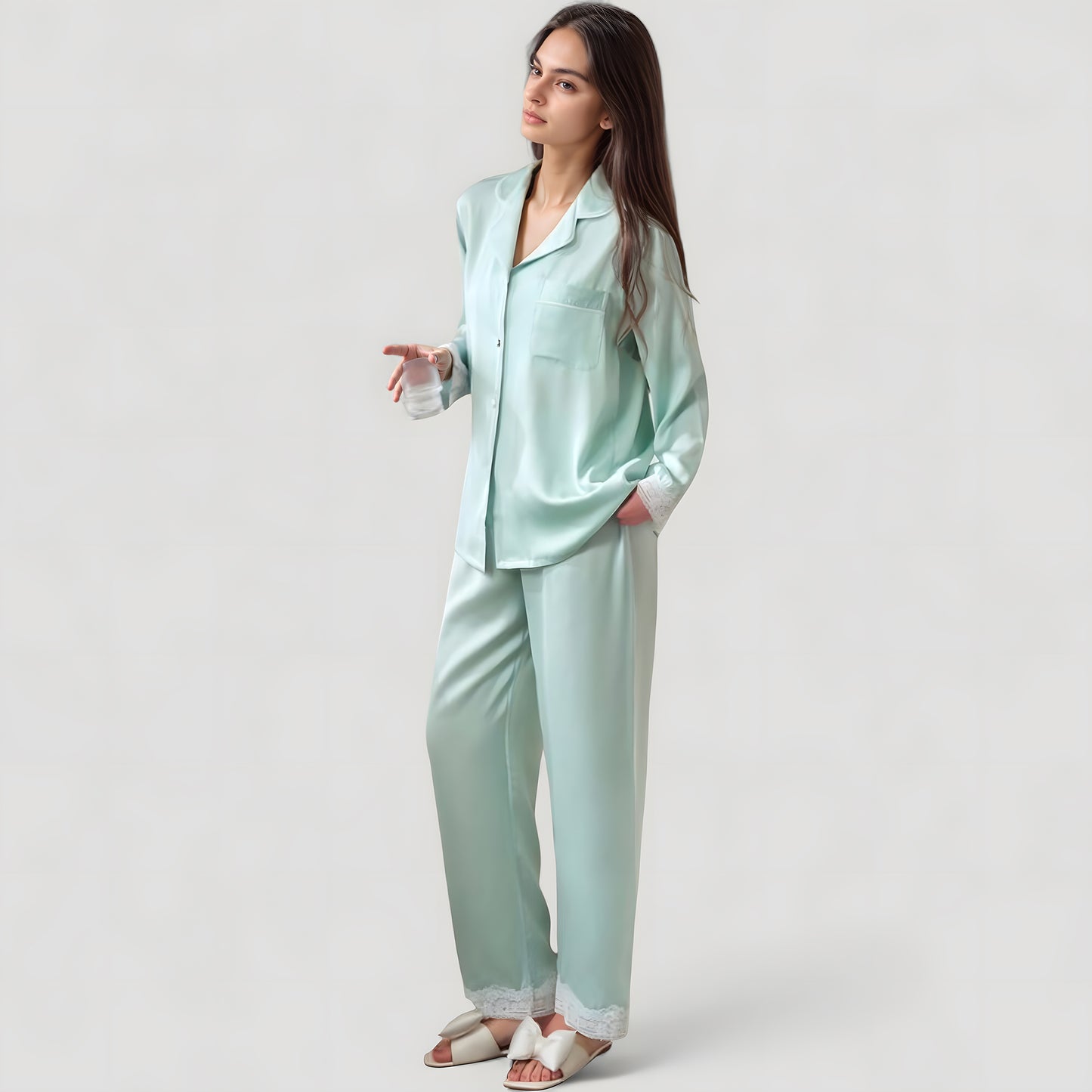 Satin Long Sleeve Button Down Pajama Set with Chest Pocket and Lace Trim Hem Details