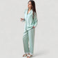 Satin Long Sleeve Button Down Pajama Set with Chest Pocket and Lace Trim Hem Details