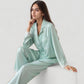 Satin Long Sleeve Button Down Pajama Set with Chest Pocket and Lace Trim Hem Details