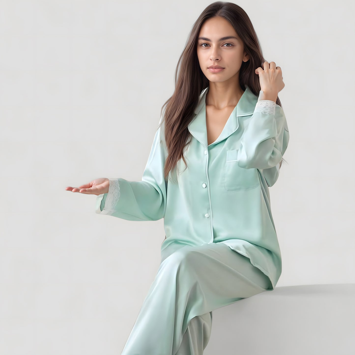 Satin Long Sleeve Button Down Pajama Set with Chest Pocket and Lace Trim Hem Details