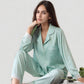 Satin Long Sleeve Button Down Pajama Set with Chest Pocket and Lace Trim Hem Details