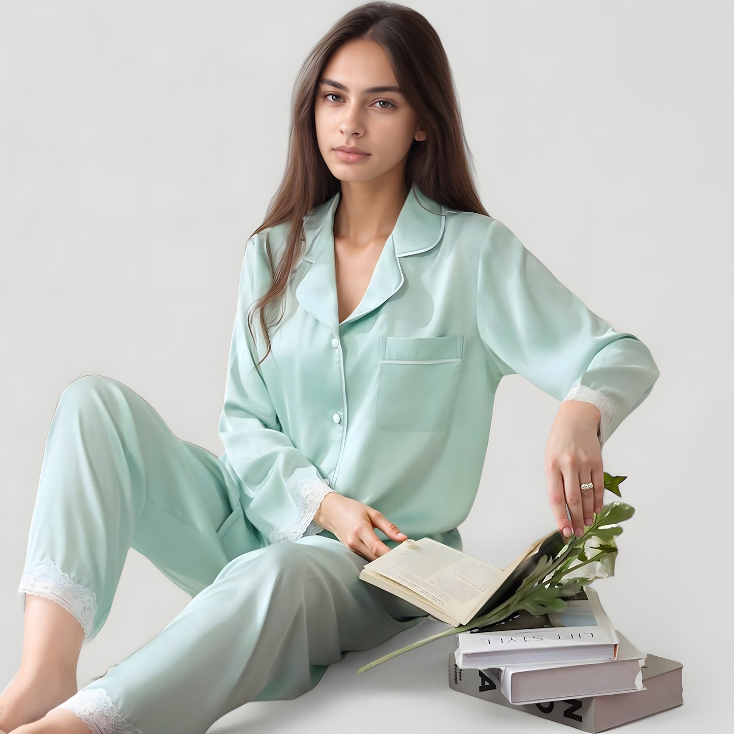 Satin Long Sleeve Button Down Pajama Set with Chest Pocket and Lace Trim Hem Details