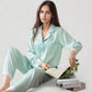 Satin Long Sleeve Button Down Pajama Set with Chest Pocket and Lace Trim Hem Details