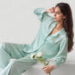 Satin Long Sleeve Button Down Pajama Set with Chest Pocket and Lace Trim Hem Details
