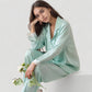 Satin Long Sleeve Button Down Pajama Set with Chest Pocket and Lace Trim Hem Details