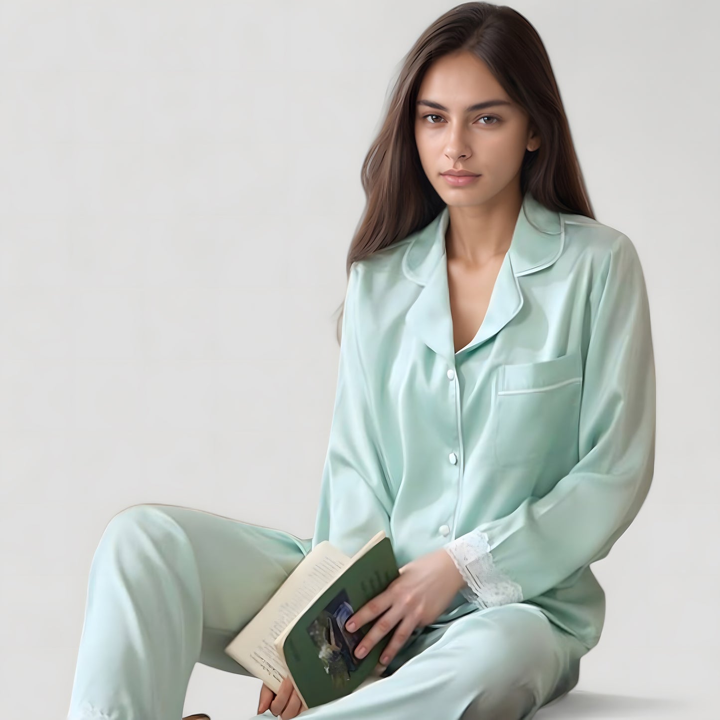 Satin Long Sleeve Button Down Pajama Set with Chest Pocket and Lace Trim Hem Details