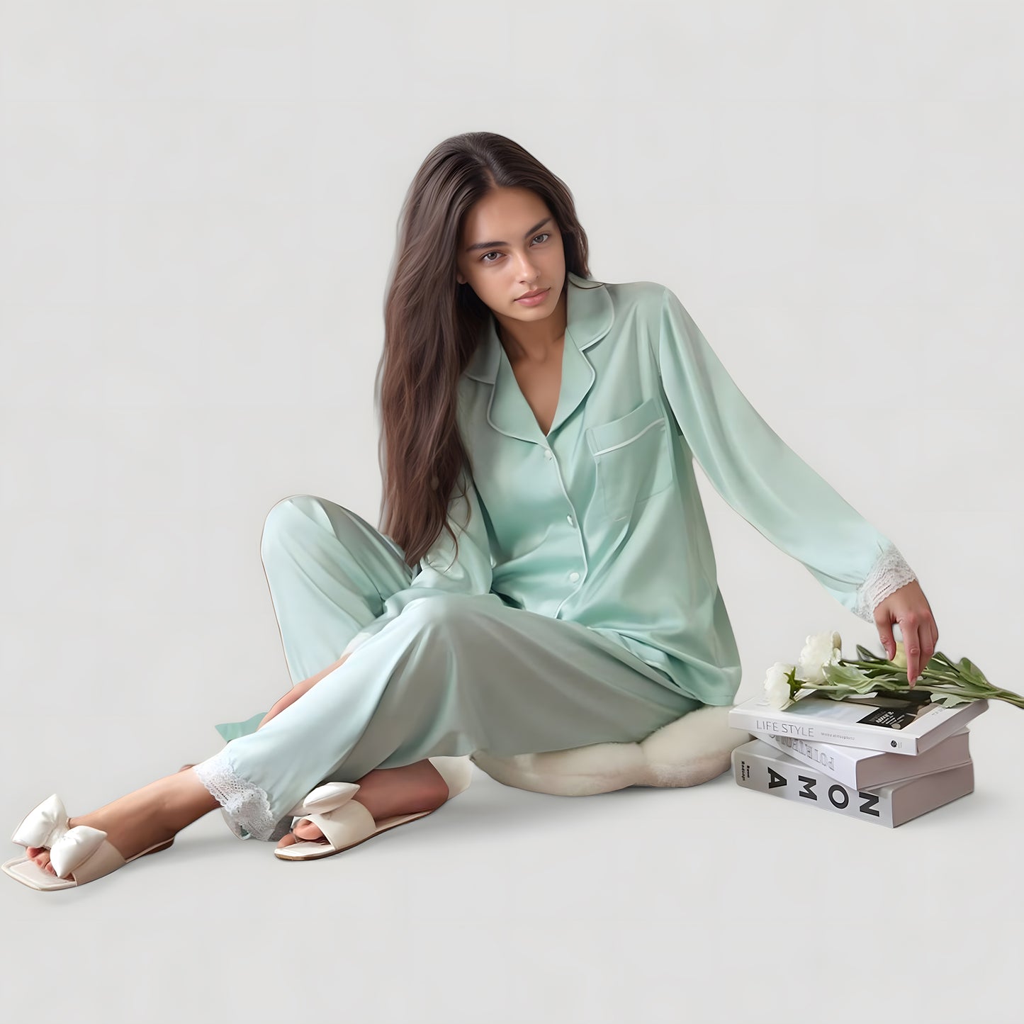 Satin Long Sleeve Button Down Pajama Set with Chest Pocket and Lace Trim Hem Details