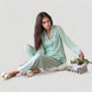 Satin Long Sleeve Button Down Pajama Set with Chest Pocket and Lace Trim Hem Details