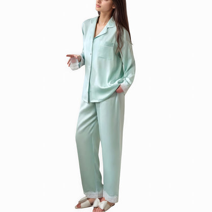 Satin Long Sleeve Button Down Pajama Set with Chest Pocket and Lace Trim Hem Details