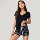 Short Sleeve Button Front Sleep Shirt and Plaid Drawstring Lounge Shorts Pajama Set