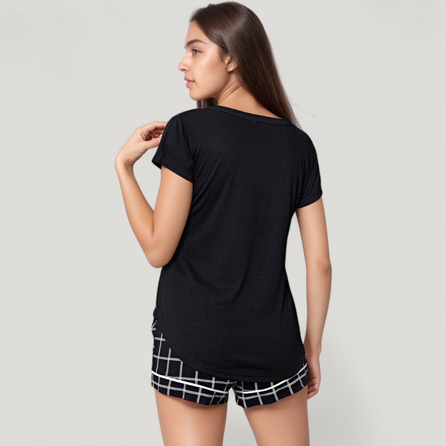 Short Sleeve Button Front Sleep Shirt and Plaid Drawstring Lounge Shorts Pajama Set