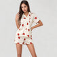 Heart Print Short Sleeve Pajama Set with Chest Pocket and Button Down Top