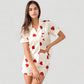 Heart Print Short Sleeve Pajama Set with Chest Pocket and Button Down Top