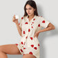 Heart Print Short Sleeve Pajama Set with Chest Pocket and Button Down Top