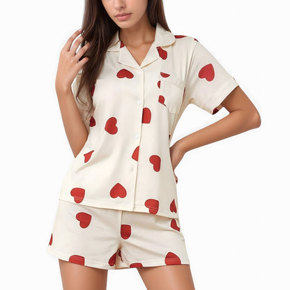 Heart Print Short Sleeve Pajama Set with Chest Pocket and Button Down Top