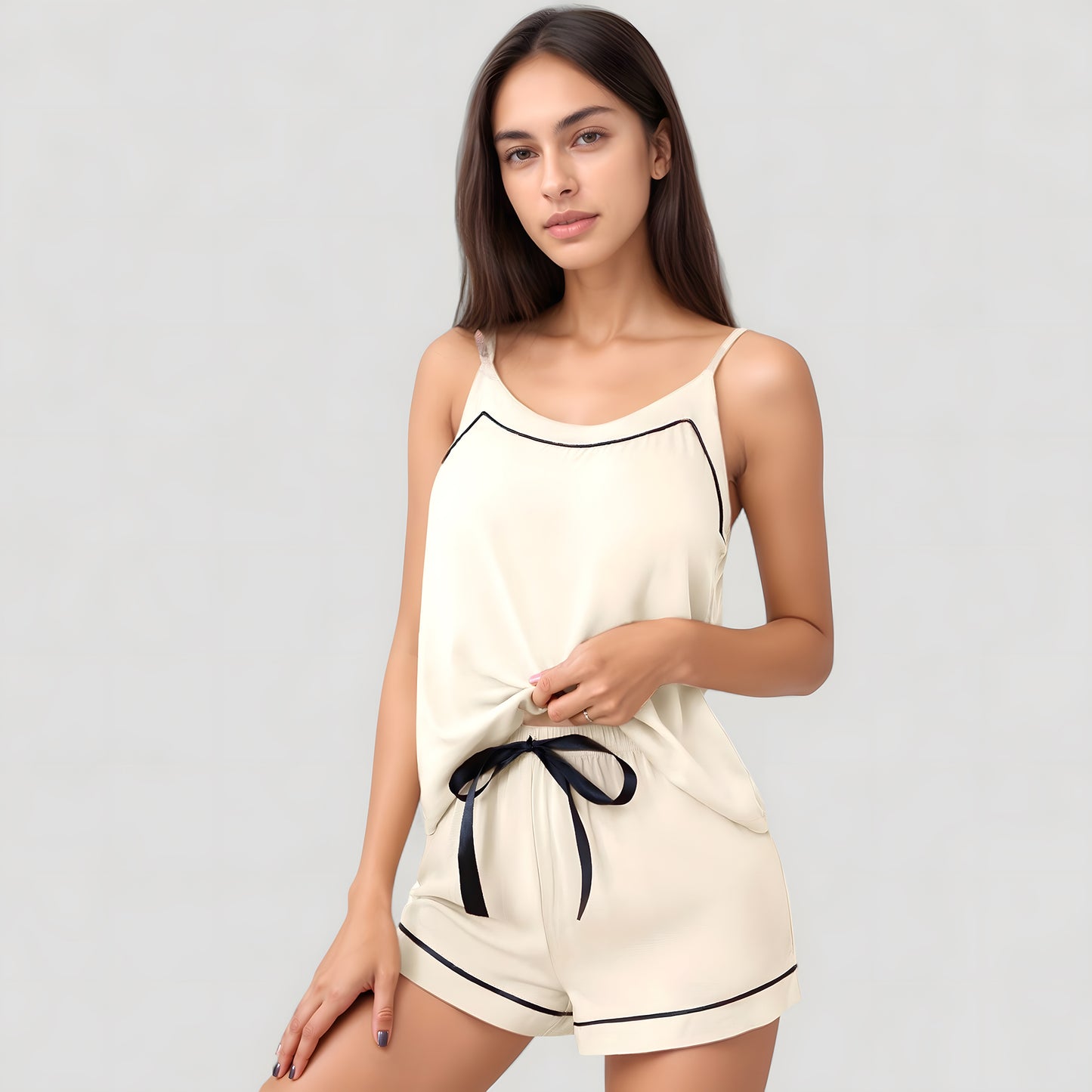 Cami and Shorts Pajama Set with Contrast Trim and Adjustable Waist Tie