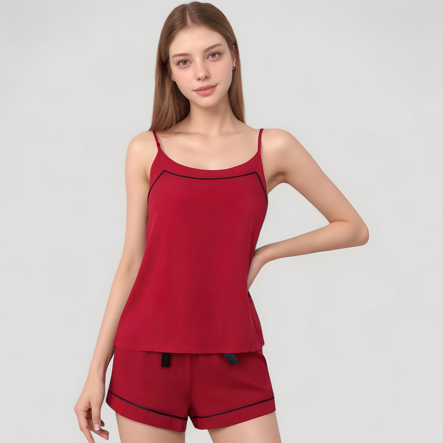 Cami and Shorts Pajama Set with Contrast Trim and Adjustable Waist Tie