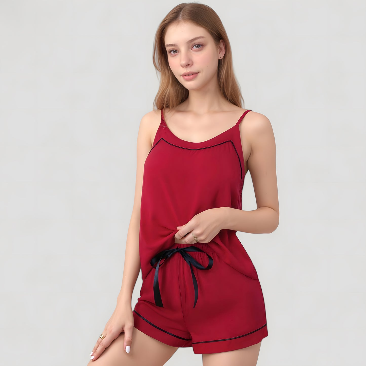 Cami and Shorts Pajama Set with Contrast Trim and Adjustable Waist Tie