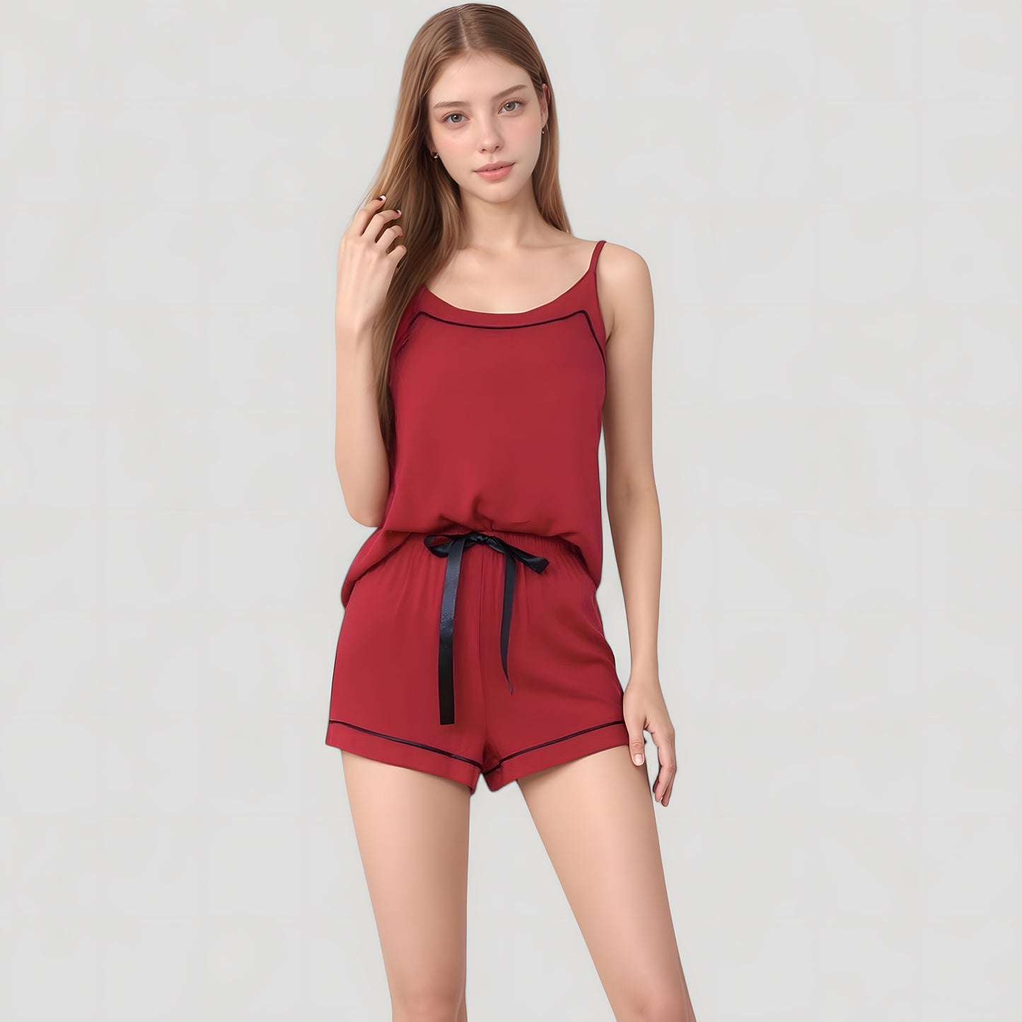Cami and Shorts Pajama Set with Contrast Trim and Adjustable Waist Tie