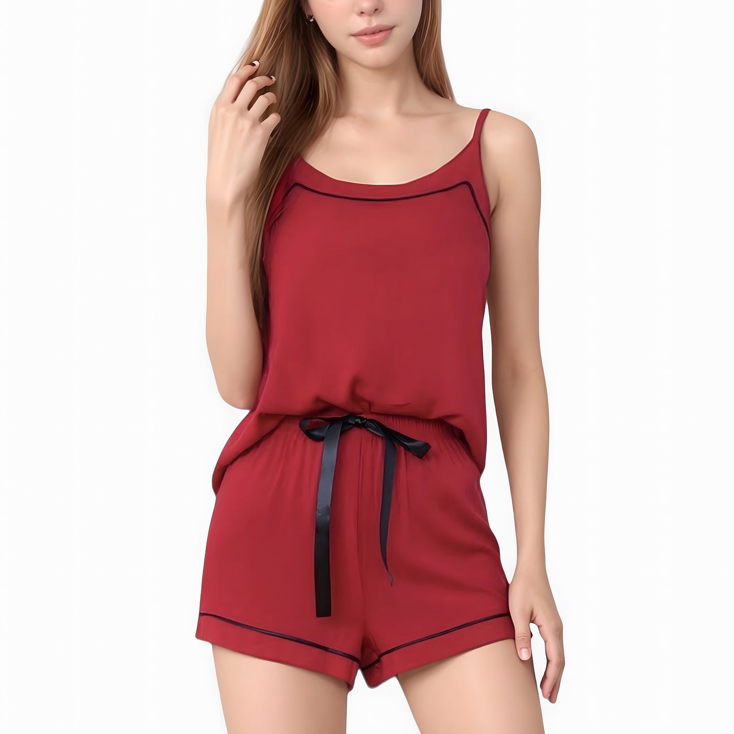 Cami and Shorts Pajama Set with Contrast Trim and Adjustable Waist Tie