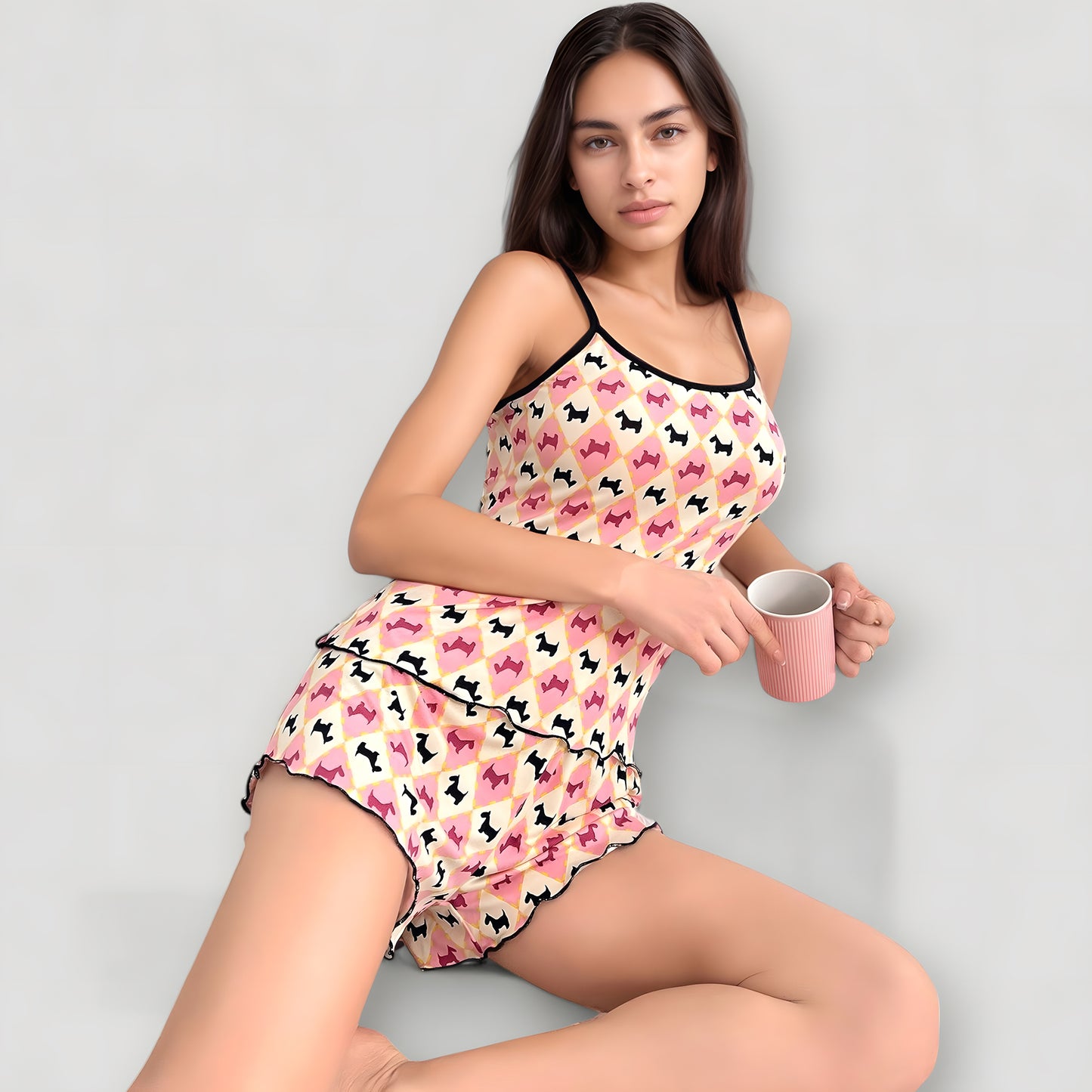 Star Print Cami and Shorts Pajama Set with Contrast Trim and Lettuce Hem