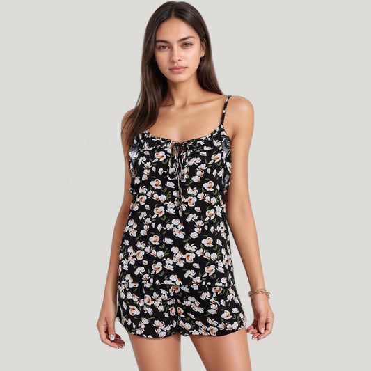 Floral Print Cami Top and Shorts Pajama Set with Adjustable Spaghetti Straps and Front Tie Detail