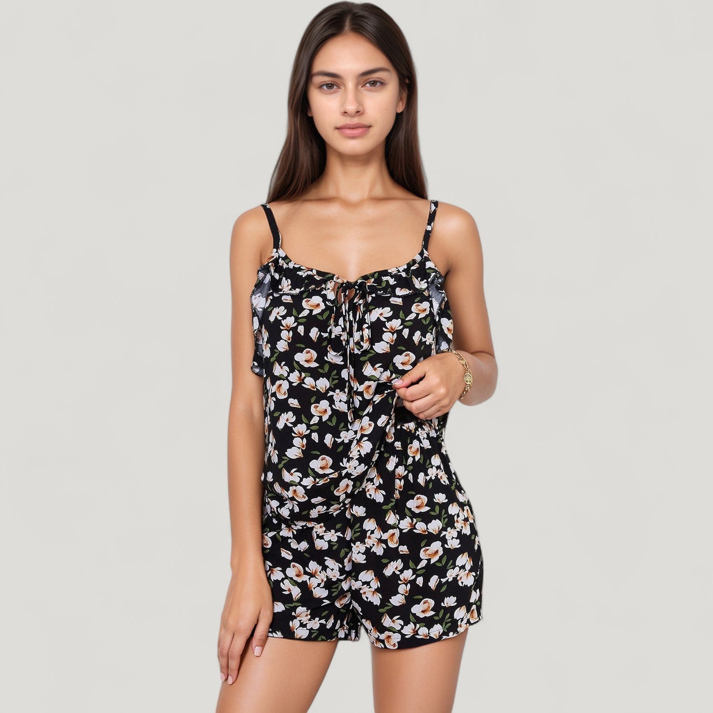 Floral Print Cami Top and Shorts Pajama Set with Adjustable Spaghetti Straps and Front Tie Detail