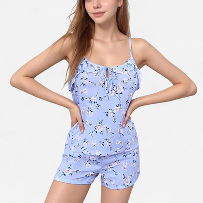 Floral Print Cami Top and Shorts Pajama Set with Adjustable Spaghetti Straps and Front Tie Detail