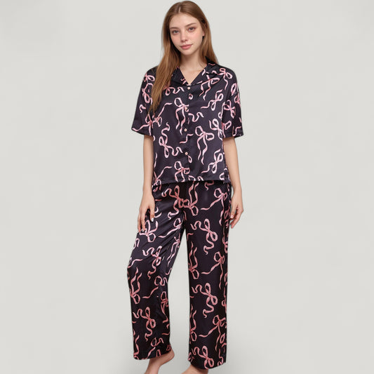Satin Button-Up Pajama Set with Short Sleeve Notch Collar Top and Wide Leg Pants in Ribbon Print